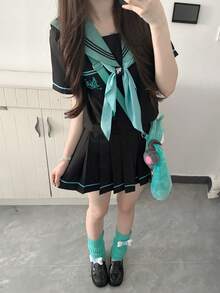 1pc Style Sailor Collar Short Sleeve Set, Basic Black & Mint Green Color Block JK School Uniform, Summer Halloween - màu đen - Xem 3