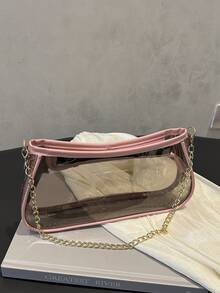 时尚撞色边框透明拼接度假链条单肩包，适合逛街、钱包、购物、年轻女性、大学生、新人、白领。非常适合办公室、大学、工作、商务、通勤、户外活动、旅行和郊游