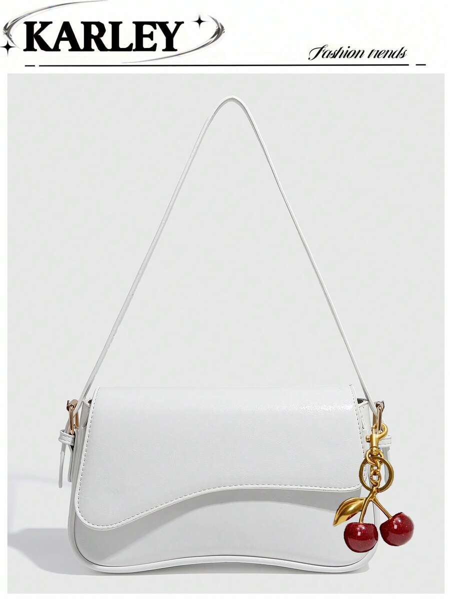 1 件 PU 皮革女士单肩包，白色紧凑型方形包，多功能皮革小手提包，Y2K 宝贝包，腋下单肩包，时尚斜挎包，配有樱桃吊饰 - 白色 - 查看 1