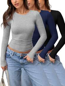 3 Pack Womens Crop Workout Tops Women Pack Summer Gym Athletic Compression Undershirts Cute Tight Basic Tops Tee - 黑色+藏藍色+淺灰色 - 查看 1
