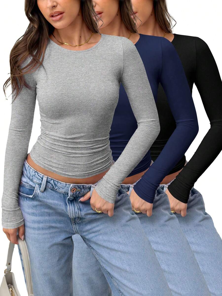 3 Pack Womens Crop Workout Tops Women Pack Summer Gym Athletic Compression Undershirts Cute Tight Basic Tops Tee - 黑色+藏藍色+淺灰色 - 查看 1