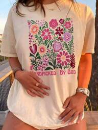 Camiseta de manga corta con cuello redondo y estampado floral para mujer de talla grande, informal, holgada y versátil, estilo vacacional, conjunto de moda de verano apto para uso diario y vacacional