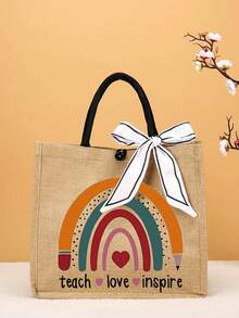 时尚简约印花手提袋，大容量印花手提袋，轻便大容量手提袋，可重复使用的粗麻布购物袋，带蝴蝶结的便携式旅行沙滩包，生日礼物，教师节，护士节，生日，周年纪念，最佳礼物