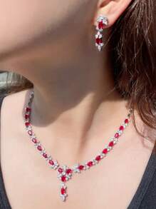 1 Set Elegant Silver Plated Cubic Zirconia Red Oval Leaf Tennis Earrings & Necklace CZ Jewelry Set For Brides, Engagement, Banquet, Party, Women, Ladies, Bridesmaids, Girlfriends, Mother Gift