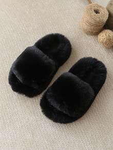 Fashionable & Simple Girls' Plush Slippers, Solid Color, Minimalist Design, Warm Fuzzy Winter House Shoes - Black - View 8