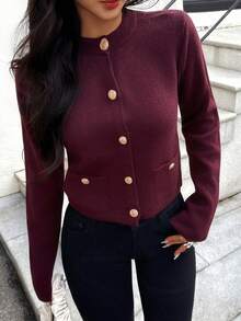DEEKA Spring & Autumn New Casual Fashion Minimalist Gold Button Knitted Cardigan Sweater - Burgundy - View 2