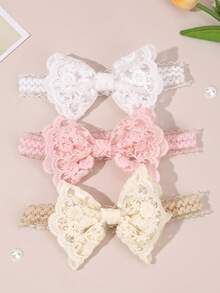 3条蕾丝蝴蝶结发带，粉色和白色网纱发带，柔软弹力尼龙发带，适合婴儿新生儿，可用于婚礼派对和宝宝日常佩戴。 - 彩色 - 查看 2
