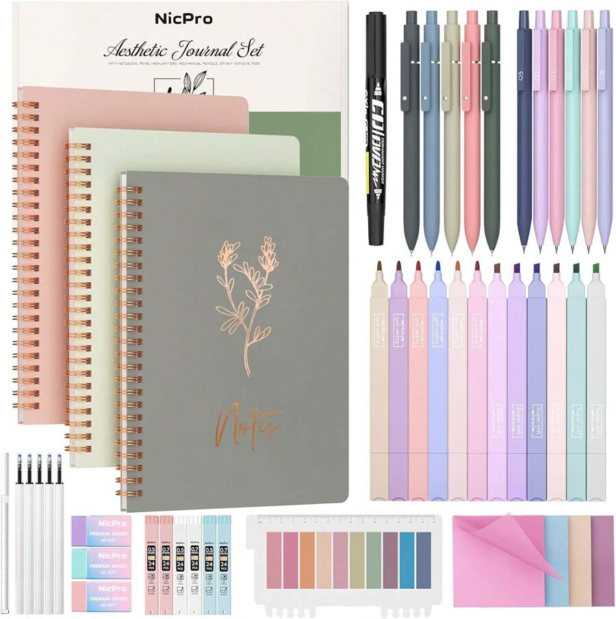 50PCS Cute Spiral Notebook Set For Women, Aesthetic Bible Journal Set, 3PCS A5 Spiral Notebook, Gel Pens, Sticky Notes & Tabs, Gift Box, Mechanical Pencils For Study Work School Office Supplies,8823464 - 彩色 - 查看 1