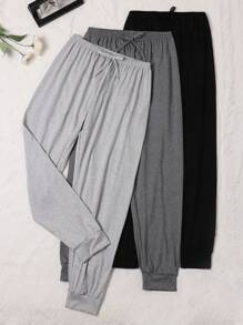 3pcs Comfortable Solid And Printed Polyester Knit Lounge Pants For Women, Casual Style Trousers For Spring, Summer And Autumn, Fall Winter Clothes - Multicolor - View 1