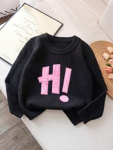 女童简约英文字母刺绣针织套头衫，适合春秋冬休闲穿搭 - 黑色 - 查看 2