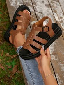 女士厚底凉鞋波西米亚绑带时尚鞋，休闲沙滩装 - 棕色 - 查看 6