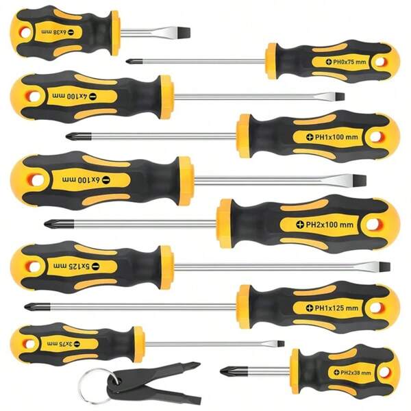 Magnetic Screwdriver 11pcs Set Slotted Tips Professional Cushion Grip Screw Driver Household Repair Nut Key Hand Tools