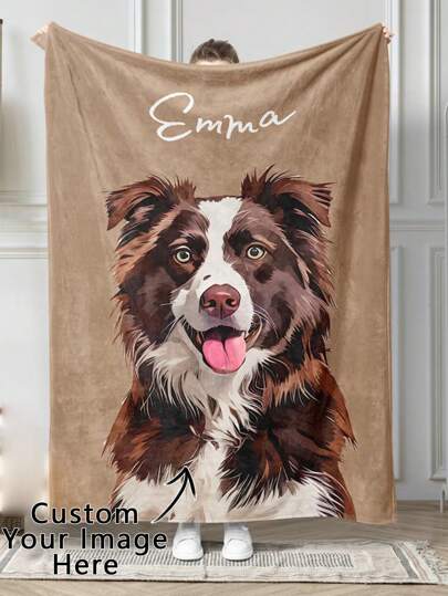 1pc Customized Pet Photo Blanket, Can Customize Pet Portrait And Name, Exclusive Gift For Cat Owners, 280GSM Super Soft Custom Heat-Pressed Blanket, Soft And Non-Shedding