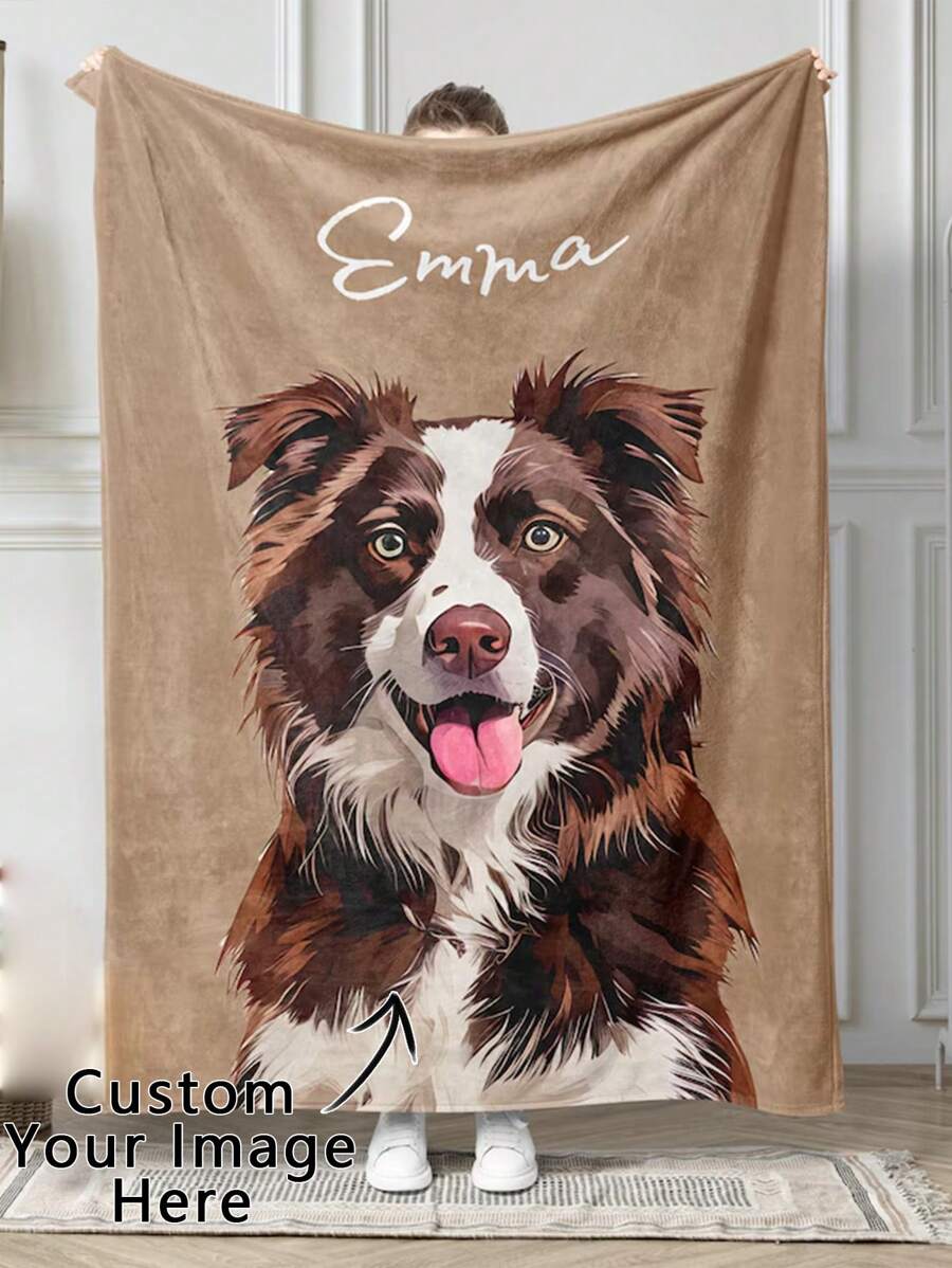 1pc Customized Pet Photo Blanket, Can Customize Pet Portrait And Name, Exclusive Gift For Cat Owners, 280GSM Super Soft Custom Heat-Pressed Blanket, Soft And Non-Shedding