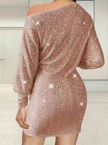 Women's Off One Shoulder Sequined Dress Slim Fit Stylish Sparkly Long Sleeve Mini Bodycon Dress - 粉色 - 查看 2