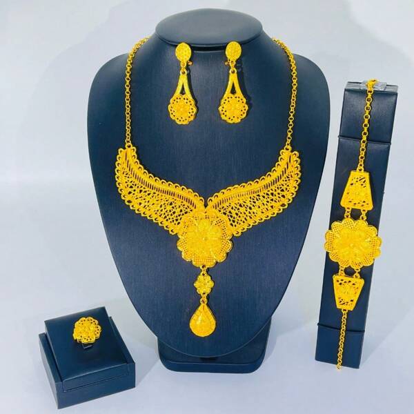 1 Conjunto de joyas lujosas y elegantes para mujer, que incluye collar, aretes, anillo, brazalete de 5 piezas, adecuado para novia, boda, fiesta y ocasiones formales