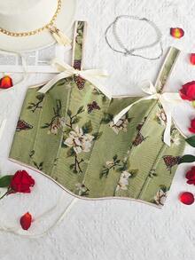Plus Size Vintage Green Floral Corset | Butterfly Print Bow Straps Slim Fit Top - Green - View 11