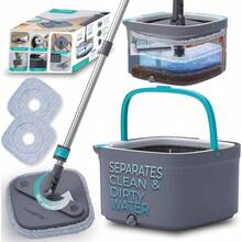 True Clean Spin Mop Bucket System Dual Compartment Design For Clean Dirty Water 360 Swivel Mop Head Builtin Scrubbing Brush Stainl Steel Handle 2 Reusable Microfiber Pads - Gray - 查看 1