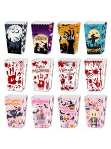 24/4 件万圣节蝙蝠和幽灵图案爆米花纸盒、血迹图案炸薯条盒、万圣节装饰性零食盒、万圣节派对中心装饰物、粉色蜘蛛网图案糖果盒、礼品盒，适用于万圣节派对、家居和厨房装饰以及烘焙用品 - 彩色 - 查看 2