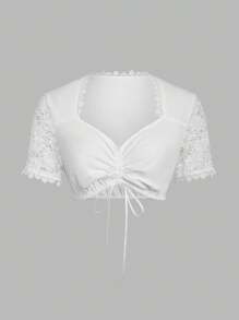ii Women Oktoberfest Dirndl Blouse Bavarian Dirndl Shirt Authentic Dirndl Costume Lace Sweetheart Neck Crop Top, Halloween - White - View 1