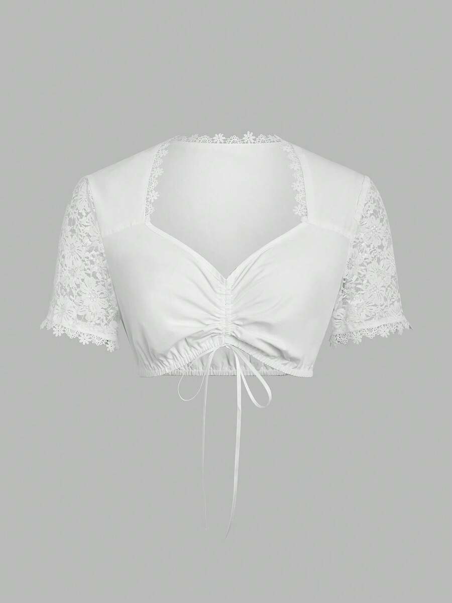 ii Women Oktoberfest Dirndl Blouse Bavarian Dirndl Shirt Authentic Dirndl Costume Lace Sweetheart Neck Crop Top, Halloween - White - View 1