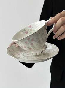 1 set de taza de café y platito de cerámica con pintura dorada retro, con patrón floral rosado pintado a mano, elegante juego de té de la tarde/café, taza de alta calidad para la oficina, regalo para vacaciones o vuelta al colegio
