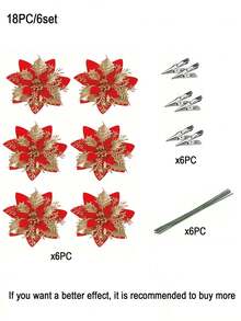 36 Piezas/12 Juegos de Flores Artificiales de Navidad, Flores de Flor de Pascua, Decoración Navideña Roja y Dorada, Flores Decorativas Artificiales para Árbol de Navidad, Adecuadas para Decoración de Fiesta de Navidad, Decoración de Árbol de Navidad DIY, Decoración de Corona de Flores, Decoración Ambiental, Decoración de Apertura, Día de San Valentín, Regalo, Decoración del Hogar, Decoraciones Navideñas, Decoración de Habitación