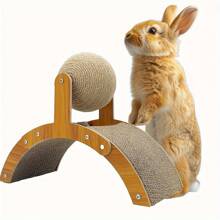 耐用的二合一兔子抓挠玩具，配有麻绳球和瓦楞纸垫，2 个兔子玩耍的地方（拱桥和球），- 拱桥钉夹柱，适用于室内兔子、猫、雪貂、小动物 - 促进自然抓挠、精神刺激和粘合 - 棕色 - 查看 3