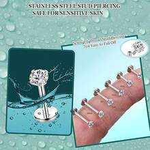 6pcs Stainless Steel Cubic Zirconia Lip Studs Labret Nose Studs, Tragus Helix Ear Piercing Jewelry 6mm 8mm 10mm Bar Length 3 Pairs Set - Silver - View 6