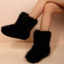 Bottes mi-mollet moelleuses mode Y2K automne/hiver, bottes fourrées pour femmes, bottes de neige moelleuses à bout rond, semelle antidérapante en caoutchouc, bottes longues épaisses et chaudes, bottes de Noël, polyvalentes - Noir - Voir 4