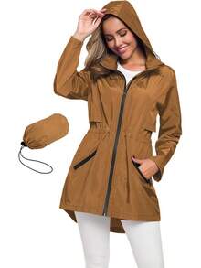 Women's Long Raincoat With Hood Outdoor Lightweight Windbreaker Waterproof - màu nâu - Xem 1