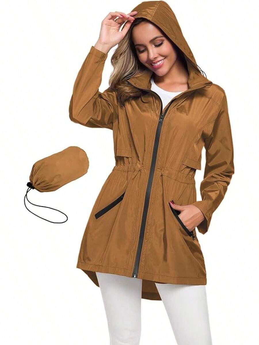 Women's Long Raincoat With Hood Outdoor Lightweight Windbreaker Waterproof - màu nâu - Xem 1