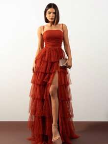 Luxurious Ruffled Dress For Bridesmaid/Graduation Wedding - 亮橙色 - 查看 1