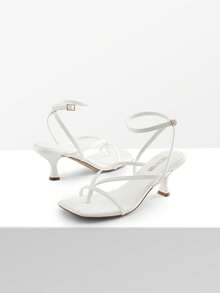 Women's Minimalist Low Kitten Heel Ankle Strap Thong Sandals, Sexy Square Toe Sandals With Fashionable Heel - 白色 - 查看 7