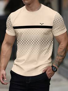 Plus Size Men's Geometric Print Lightweight Crew Neck Short Sleeve T-Shirt - Khaki - View 2