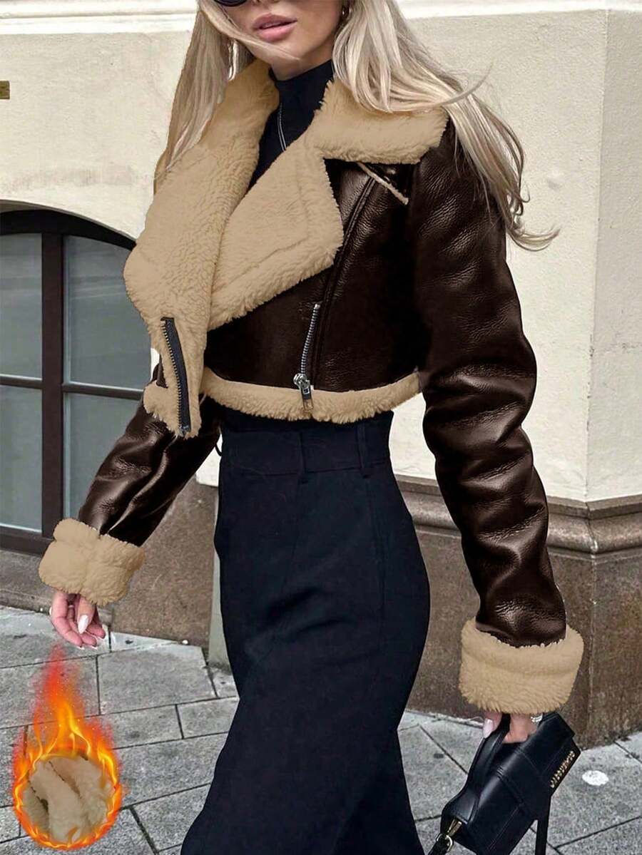 Apperloth A Chaqueta corta de motociclista de estilo callejero con cuello vuelto, puños con cremallera y forro térmico de piel sintética - Marrón Chocolate - Ver 1