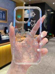 1pc Fashionable Transparent Faux Leather Texture Rhinestone Studded Shockproof Protective Phone Case, Compatible With IPhone 17/17Air/17Pro/17ProMax/16/16Pro/16Plus/16ProMax/16/15/14 Pro Max/13/12/11 - Clear - View 5