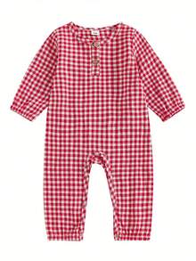 Mono de bebé a cuadros informal de manga larga con cuello redondo y estampado a cuadros con botones en la parte delantera, mono sin pies para recién nacido - Rojo - Ver 9