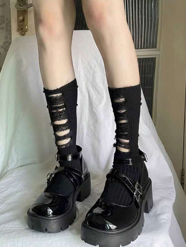 1 Pair Women Personalized Hollow Out Long Tube Socks, Creative Socks For Daily Wear