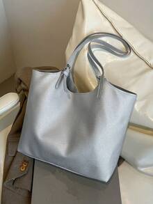 时尚单肩包，褶皱纯色清新手提包，腋下设计，春秋新品 - 銀色 - 查看 7