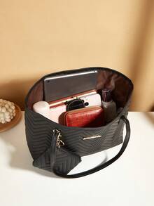 1 Set Black PU Women's Handbag Tote Bag, Multifunctional Shoulder Bag, Versatile For Ladies' Daily Use, Dating, Gifts, With Small Wallet - Black - View 4