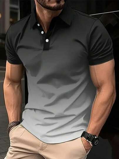 大码男士渐变印花休闲时尚短袖 Polo 衫