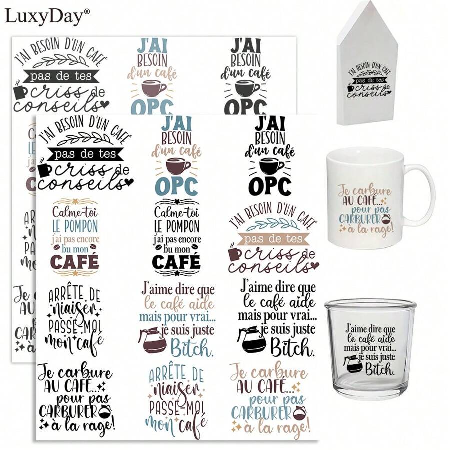 24 件法国“有趣的咖啡语录”主题透明贴花转印，适用于 DIY 家具、玻璃和木制工艺品 - DIY 防水自粘贴花，用于相册、家具装饰，LuxyDay 品牌