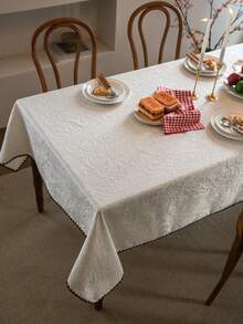 1 pieza Mantel unicolor de lujo francés minimalista, cubierta de mesa de comedor con estampado floral jacquard blanco, adecuado para fiestas, bodas, decoración del hogar y la habitación - Blanco - Ver 1