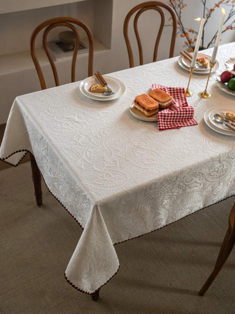 1 pieza Mantel unicolor de lujo francés minimalista, cubierta de mesa de comedor con estampado floral jacquard blanco, adecuado para fiestas, bodas, decoración del hogar y la habitación - Blanco - Ver 1