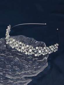 1pc Glossy Zinc Alloy Pearl & Rhinestone Bridal Crown Headband, Wedding Dress Jewelry Accessory - Silver - View 2