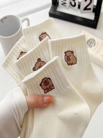 5 Pairs Women's Cute White Socks With Adorable Cartoon Capybara & Patterned Mid-Calf Socks, Fashionable Casual Socks Suitable For Daily Wear, Parties, Dates, Couples, Ins Style, Unique Fantasy Design, Great Gift, Fall Socks
