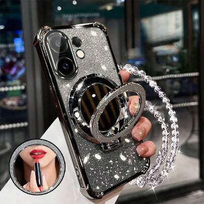 新款手机 16 四角防摔外壳+闪亮粉色纸珍珠挂绳闪亮粉色圆形化妆镜磁力支架一体式手机壳适用于 6/7/8/X/XS/XR/11/12/13/14/15/16、Galaxy S22/23/24、A04/05/06/A14/A15/A16/A24/A25/A34、Redmi Note 7/8/9/10/11/12/13、Redmi 9/10/12/13C、OPPO、MOTO、Honor X、HW、Realme C53 C55