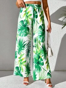 Estampado Integral  Hoja  Plantas    Bohemio    Bolsillo  Nudo    Vacaciones    Verano - Verde - Ver 3