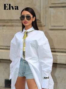 ELVA Plain Baggy Button Up Women Shirt Long Women Blouses Going Out Outfits Women Casual Outing Country Concert Outfit Music Festival Outfits Fall Women Clothes Back To School Clothes Homecoming Dresses Easter Shirt Boyfriend Casual Women Outfits - White - View 2